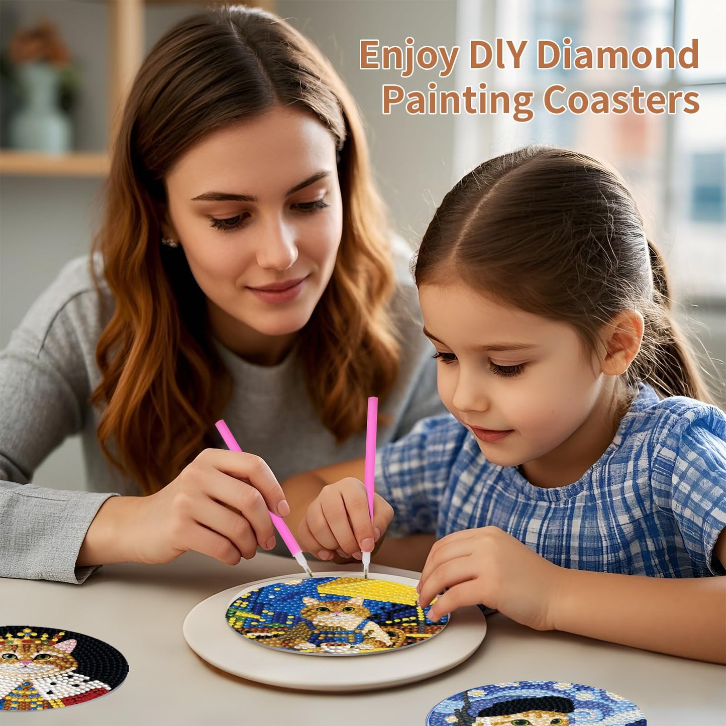 PERFECTSIGHT 8 Pcs DIY Diamond Art Painting Coasters with Holder, Cute Diamond Paint Coaster Kits for Adults, Kawaii Full Drill Diamond Art Craft Paint by Number Non Slip Coaster - Multicolor Cats