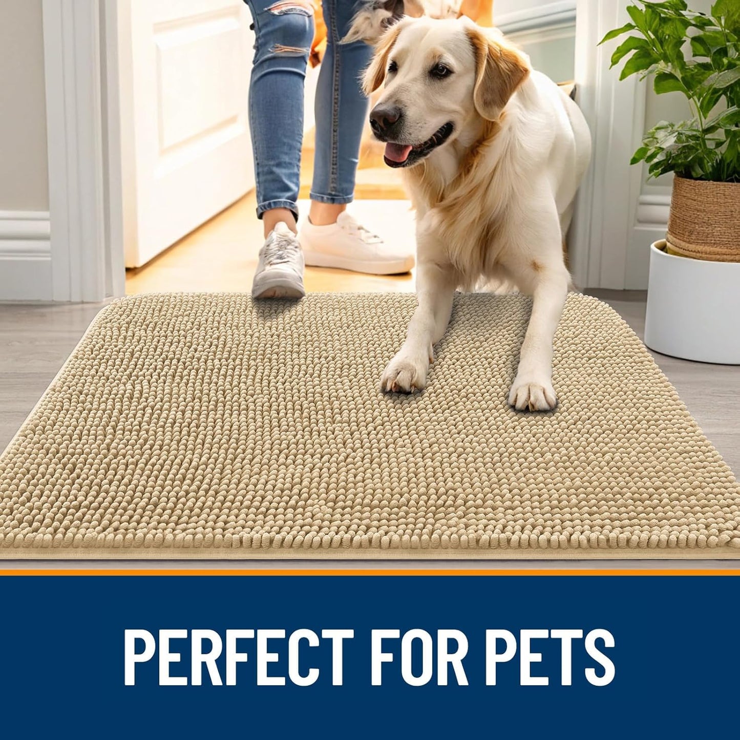 OLANLY Dog Door Mat - Absorbent Non-Slip Washable Chenille Mat for Muddy Paws | 54x32, Beige