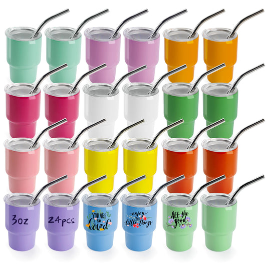 Joyclub 3 oz Mini Tumbler Shot Glass with Straw and Lid 24 Pack Colored Stainless Steel Sublimation Shot Tumblers Mini Cup for Wedding Party Whiskey Favors
