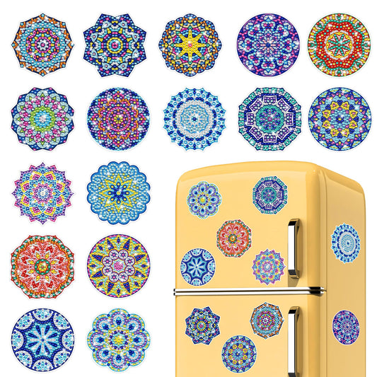 Mandala Diamond Art Magnet Kit: 16 Pcs Classic Mandala Diamond Painting Refrigerator Magnets for Adults & Beginners, Gifts Craft Set with Vibrant Colors, DIY Crafts for Home & Office Decor
