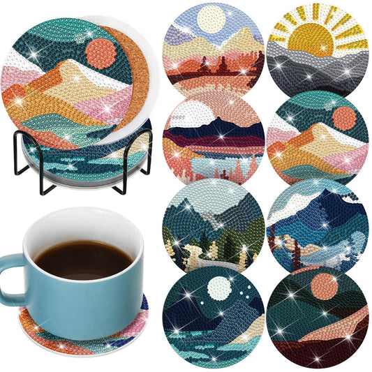 Sunnyray 8 Pcs Diamond Painting Coasters Kits with Holder, Landscape Black Cat Diamond Art Coasters Set Boho Diamonds Dots Painting Kits Adults DIY Art for Drinks Coffee Table(Landscape)