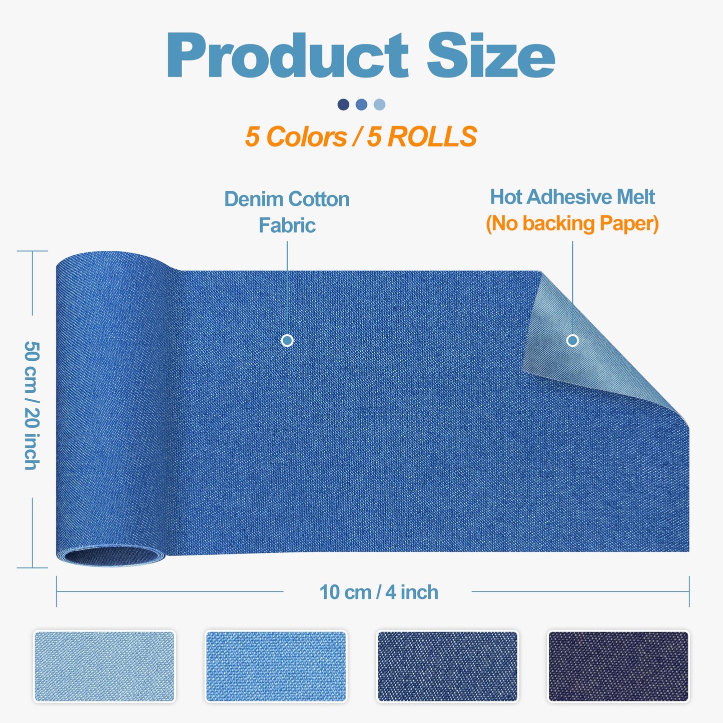 Iron on Patches for Jeans Kit, 5 Rolls Patches for Jeans, Iron on Denim Patches for Inside Jeans, Clothing, Denim, Knee, Pants 4 * 20inch (Five Color)