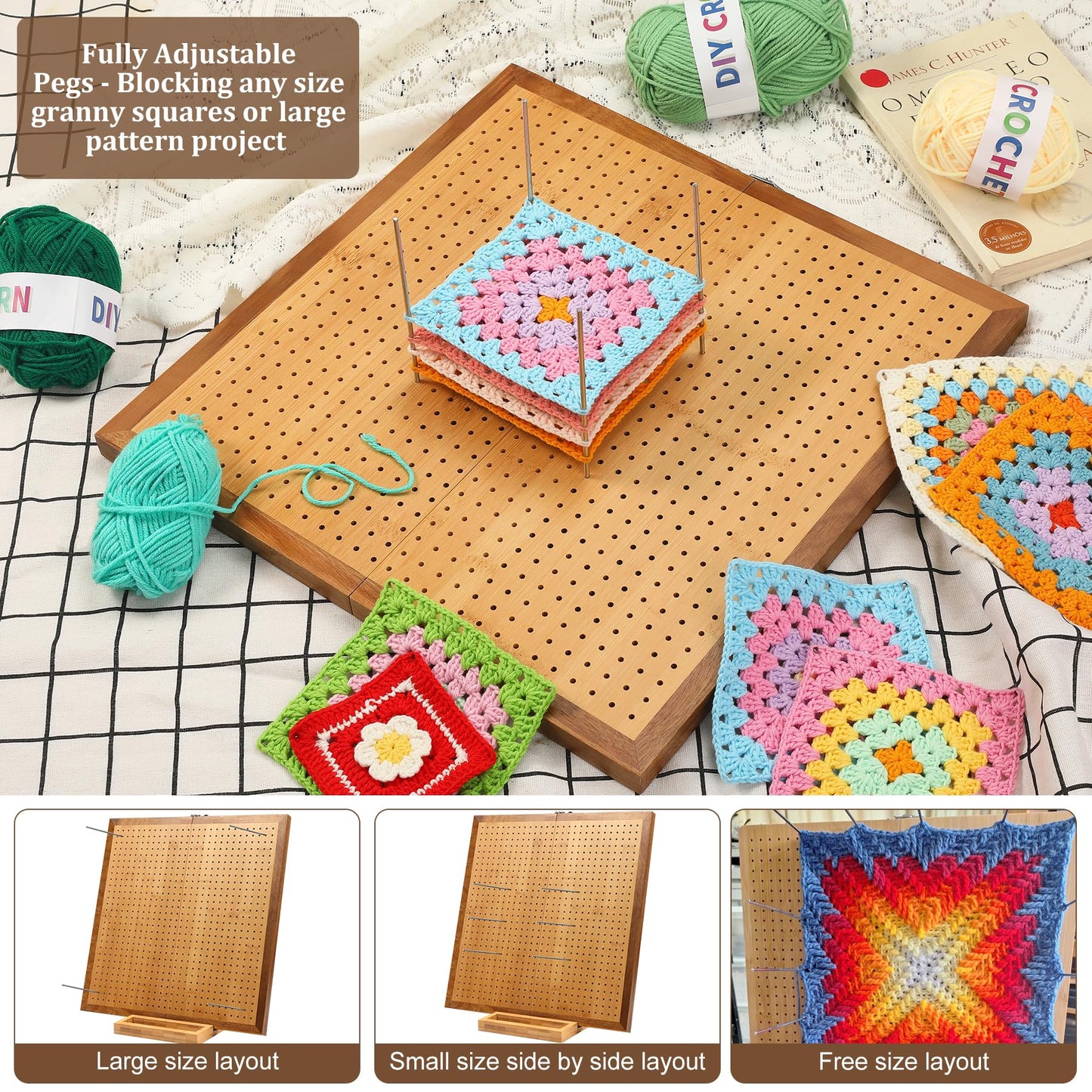 15.5" Foldable Crochet Blocking Board with 35 Stainless Steel Pegs - Upgrade Large Blocking Boards for Crochet Projects, Bamboo Granny Square Crocheting Accessories Gifts for Crocheters