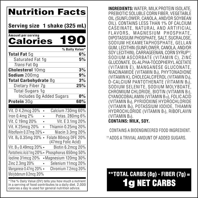 Atkins Strong High Protein Shake, Vanilla Flavored, 30g Protein, Low Carb and Low Sugar Shake, Keto Friendly, Gluten Free, Muscle and Gut Health Support Complex, 12 Count