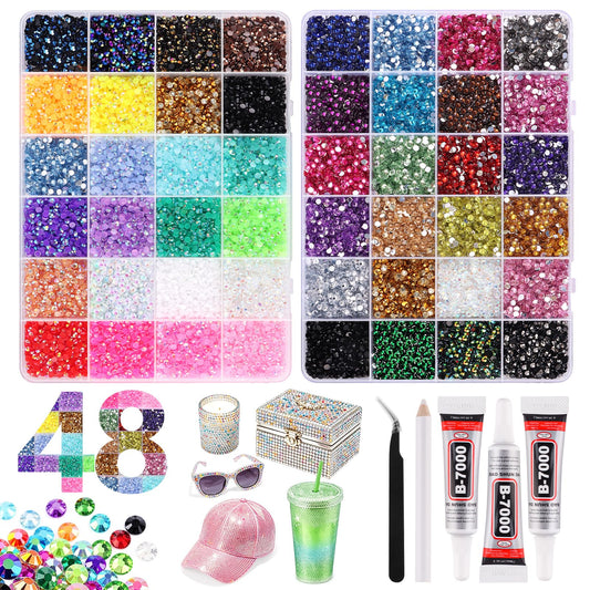Lorvain 48000Pcs Resin Jelly Rhinestones for Bedazzling, 48 Colors 3mm Flatback Gems for Diamond Art Bedazzler Kit with 3Pcs B7000 Glue Tweezers&Pick Up Pen for DIY Crafting Crafts Book Shoes Nail Art