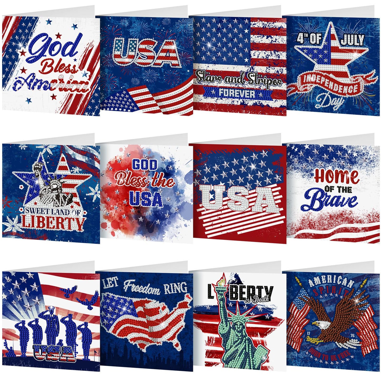 Saillong 12 Pack 4th of July Diamond Painting Greeting Card Kits Patriotic Diamond Art Cards with Envelopes Memorial Day Red White Blue 5D Rhinestones Painting Making Kits for Adults DIY Craft Gifts