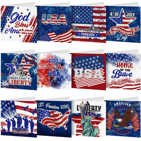 Saillong 12 Pack 4th of July Diamond Painting Greeting Card Kits Patriotic Diamond Art Cards with Envelopes Memorial Day Red White Blue 5D Rhinestones Painting Making Kits for Adults DIY Craft Gifts