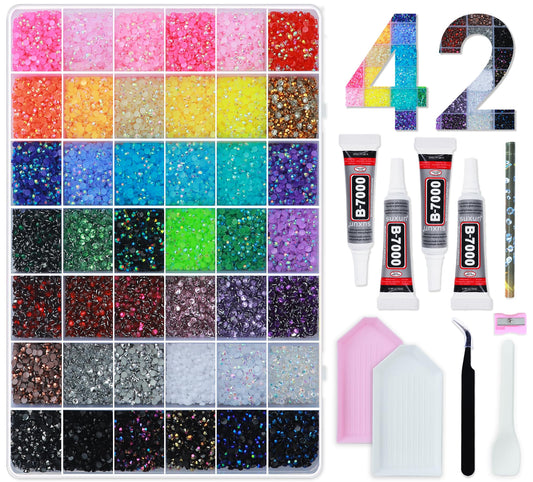 42 Colors Rhinestones for Bedazzling 40000 Pcs 3mm Multicolor Resin Jelly Flatback Gems with 4 Pcs B7000 Jewelry Glue & Tools, Bedazzler Kit for DIY Crafts Book Clothes Makeup Shoes Gifts Decor
