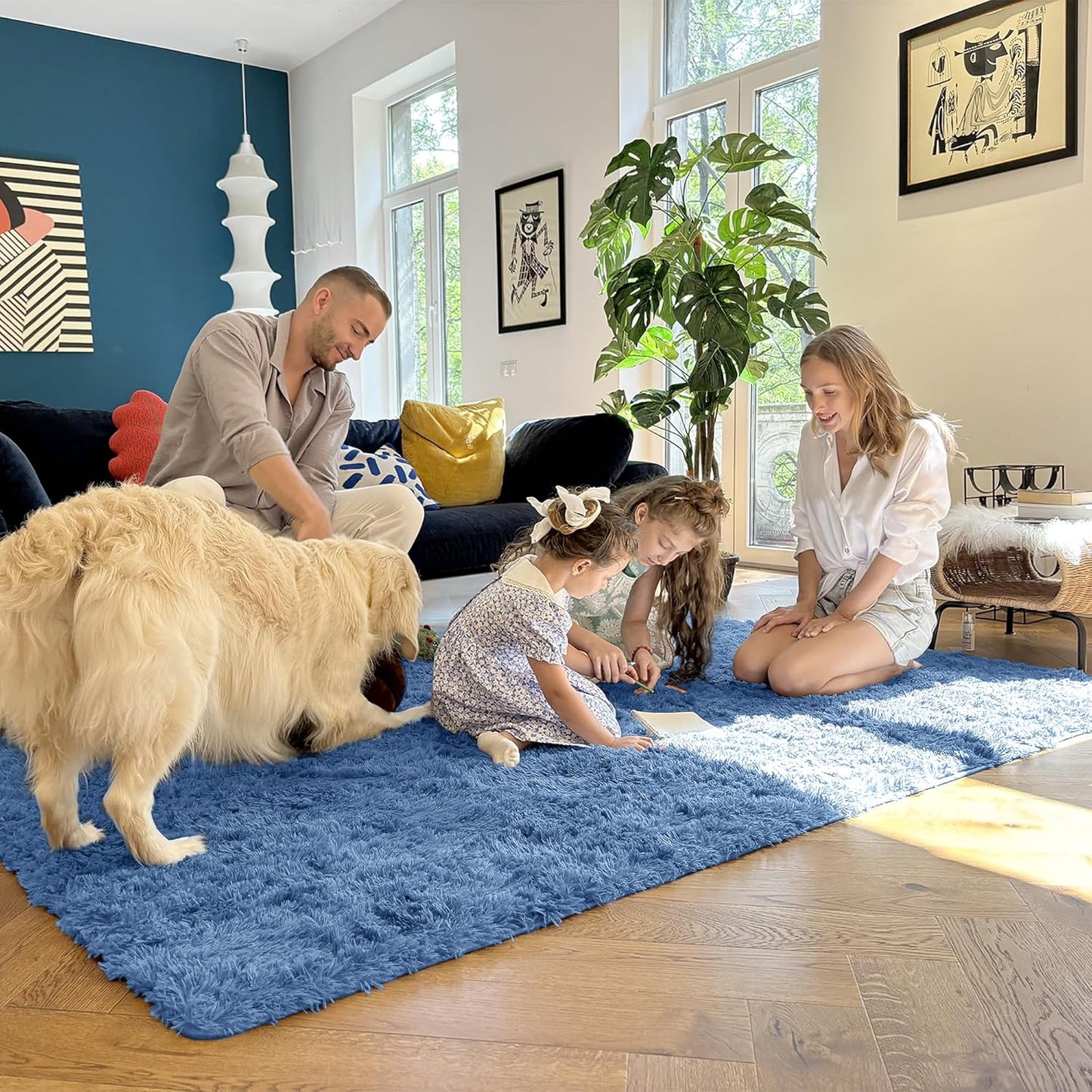 OLANLY Large 5x7 Machine Washable Area Rug - Soft Fluffy Shaggy Carpet for Living Room & Bedroom | Blue