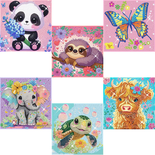KINPLUB 6 Pack Diamond Art Kits for Kids, Cartoon Animals 5D Diamond Art Kits for Kids Beginners, Easy DIY Kids' Mosaic Kits Children Gem Art Dots Crafts for Home Wall Decor 6X6 Inch