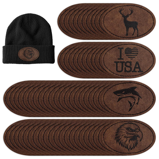60 Pieces Blank Leatherette Hat Patch with Adhesive, Iron on Heat Press Leatherette Patch, Faux Leather Patches for Hats Custom Fabric Repair Sew Laser Supplies-Oval, Dark Brown