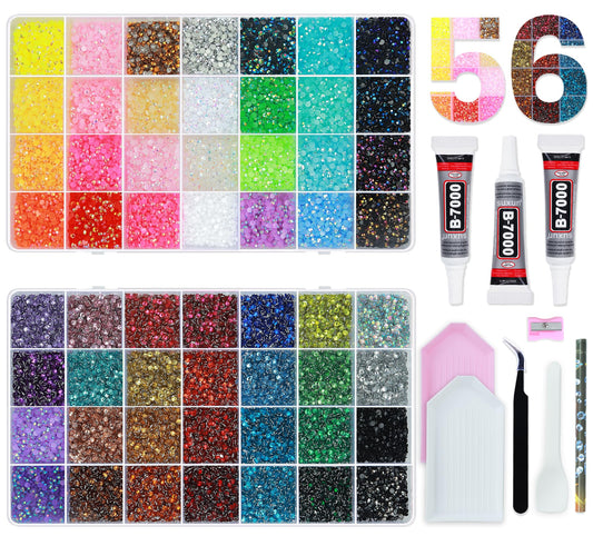 56 Colors Rhinestones for Bedazzling, 2 Boxes 3mm Multicolor Resin Jelly Flatback Gems with 3 Pcs B7000 Jewelry Glue & Tools, Bedazzler Kit for DIY Crafts Book Clothes Makeup Shoes Gifts Decor