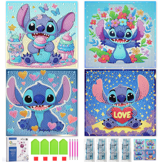 LWZAYS 4 Pack 5D Cartoon Diamond Painting Kits for Kids Beginners, Diamond Art Kit for Kids Ages 8-12, Mosaic DIY Full Round Drill Big Gem Art for Kid, Home Wall Decoration 6X6 inch (with Gift Box)