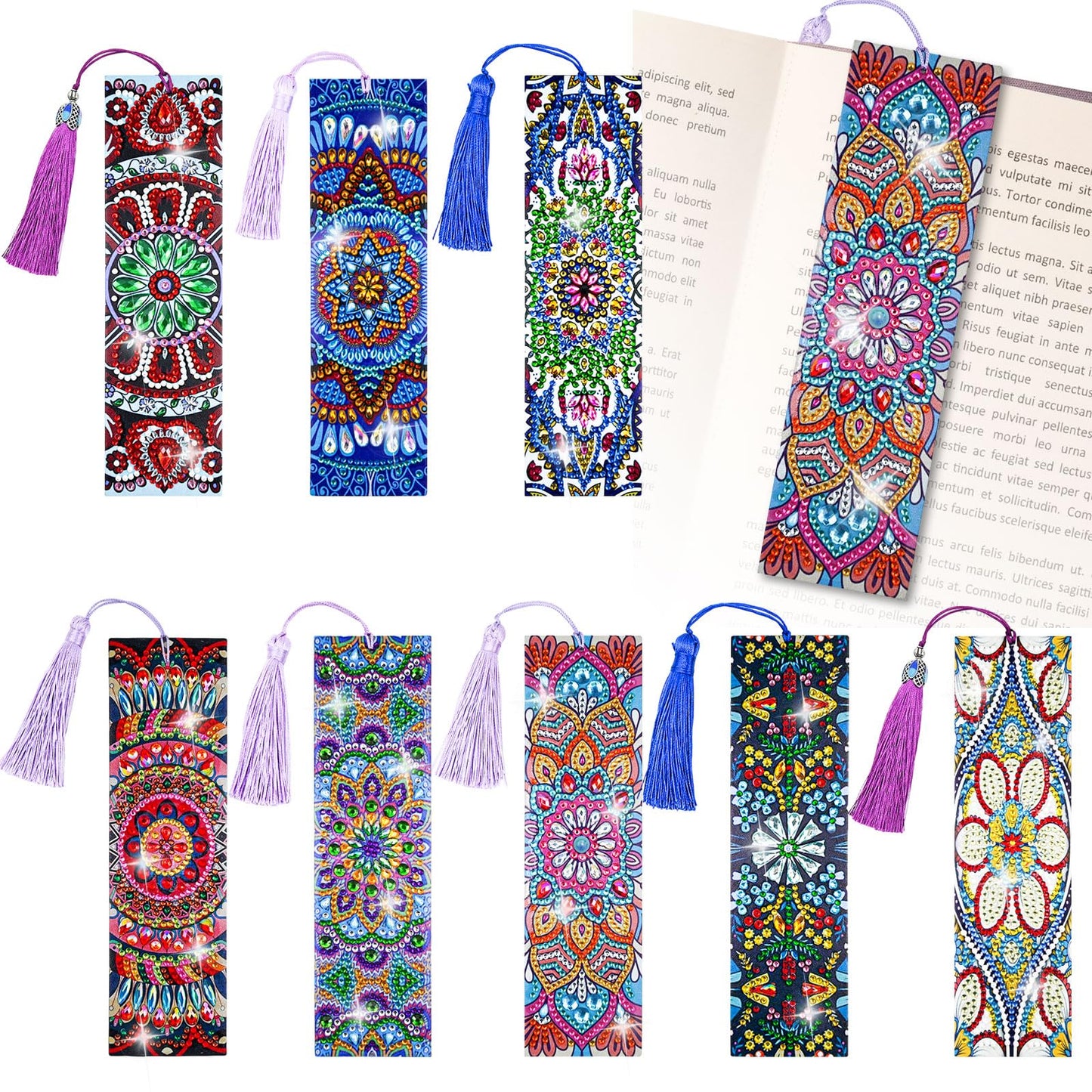LINGFANG 8 Pcs Diamond Painting Bookmark, Leather DIY Book Makers for Adults Book Lovers, Diamond Art Beginners, Small Diamond Art Kits, Paint by Art Crafts Supplies Gift for Girls (Mandala)