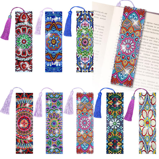 LINGFANG 8 Pcs Diamond Painting Bookmark, Leather DIY Book Makers for Adults Book Lovers, Diamond Art Beginners, Small Diamond Art Kits, Paint by Art Crafts Supplies Gift for Girls (Mandala)