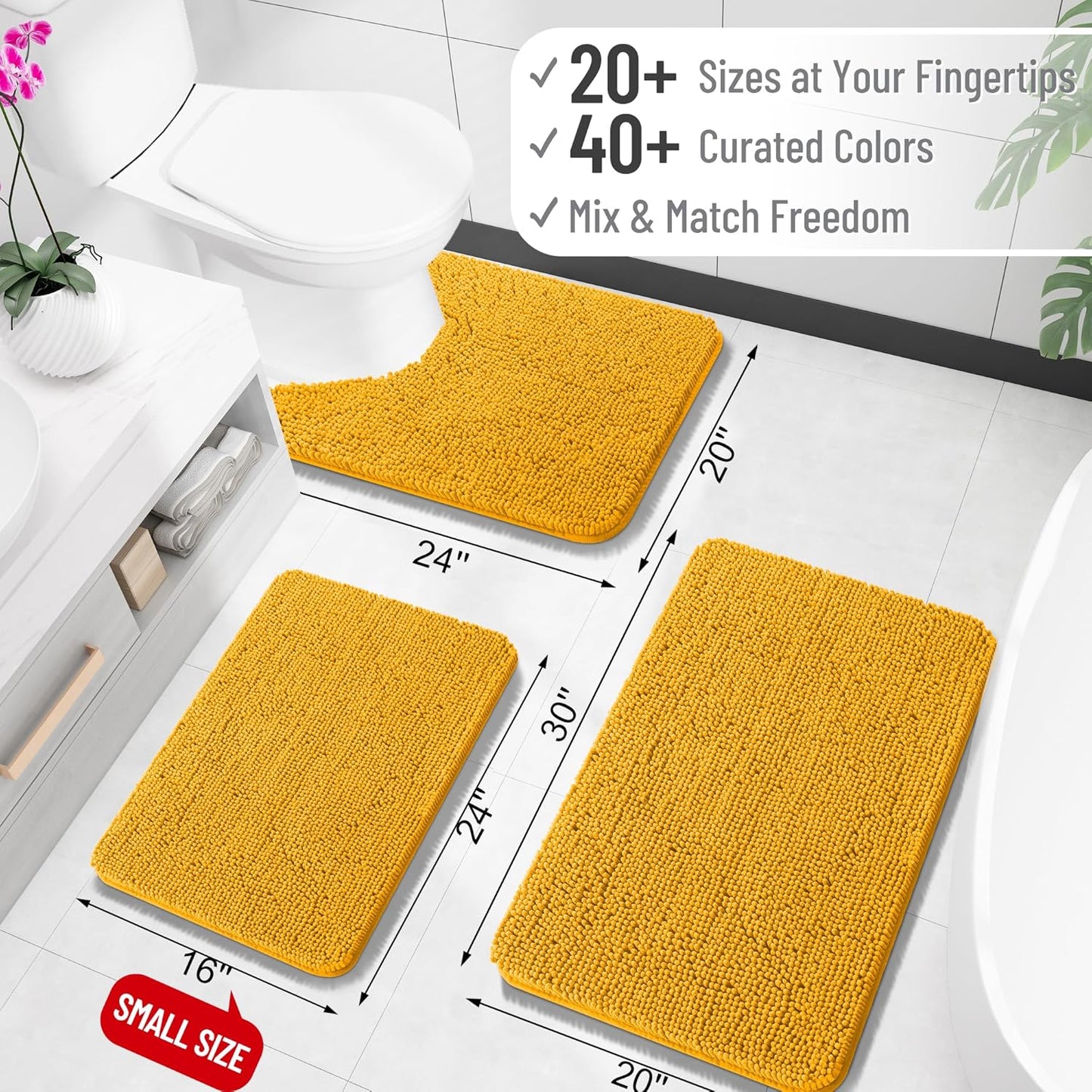 OLANLY Bathroom Runner Rug - Soft Absorbent Chenille with Rubber Backing | 47x17 Inches, Quick Dry, Golden Yellow