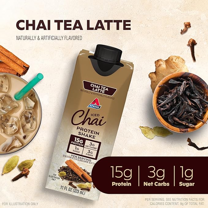 Atkins Chai Tea Latte Flavored Protein Shake, High Protein Shake, Low Glycemic, Low Carb, Low Sugar, Keto Friendly, Gluten Free, 12 count (3 sets of 4)