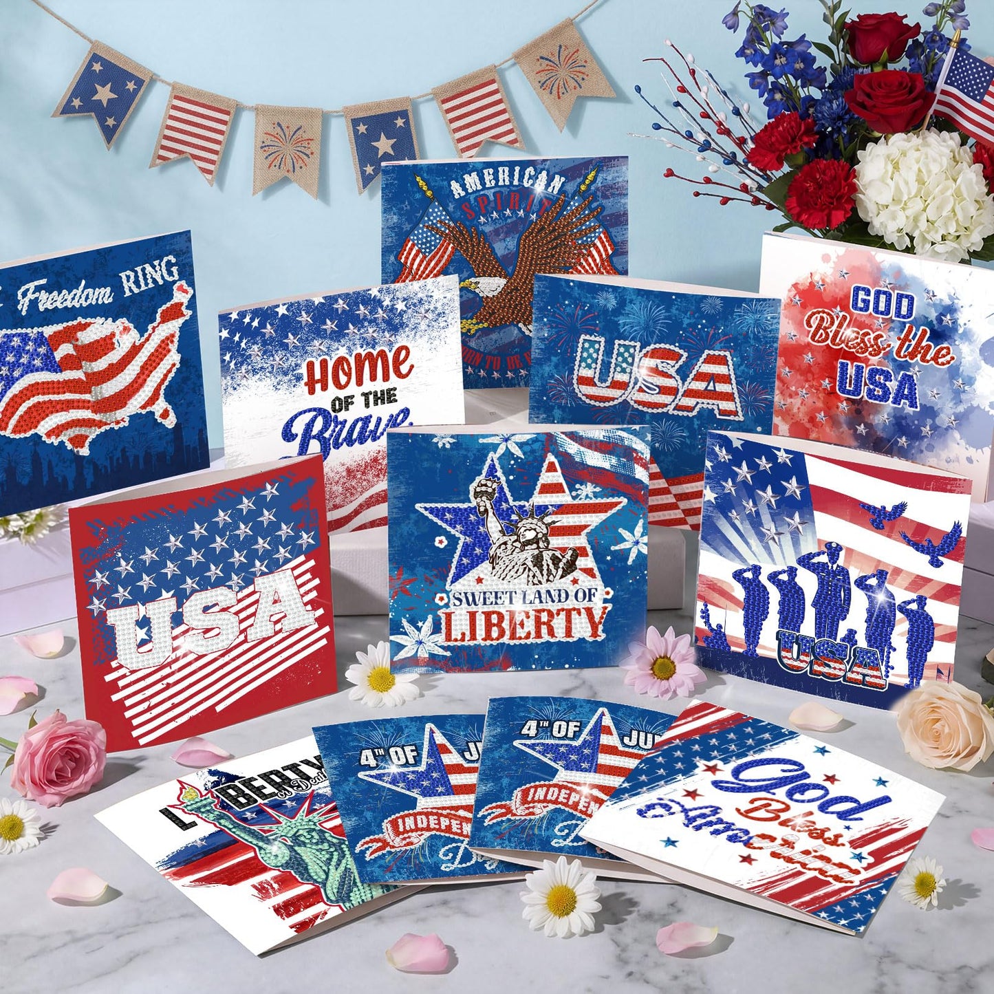 Saillong 12 Pack 4th of July Diamond Painting Greeting Card Kits Patriotic Diamond Art Cards with Envelopes Memorial Day Red White Blue 5D Rhinestones Painting Making Kits for Adults DIY Craft Gifts