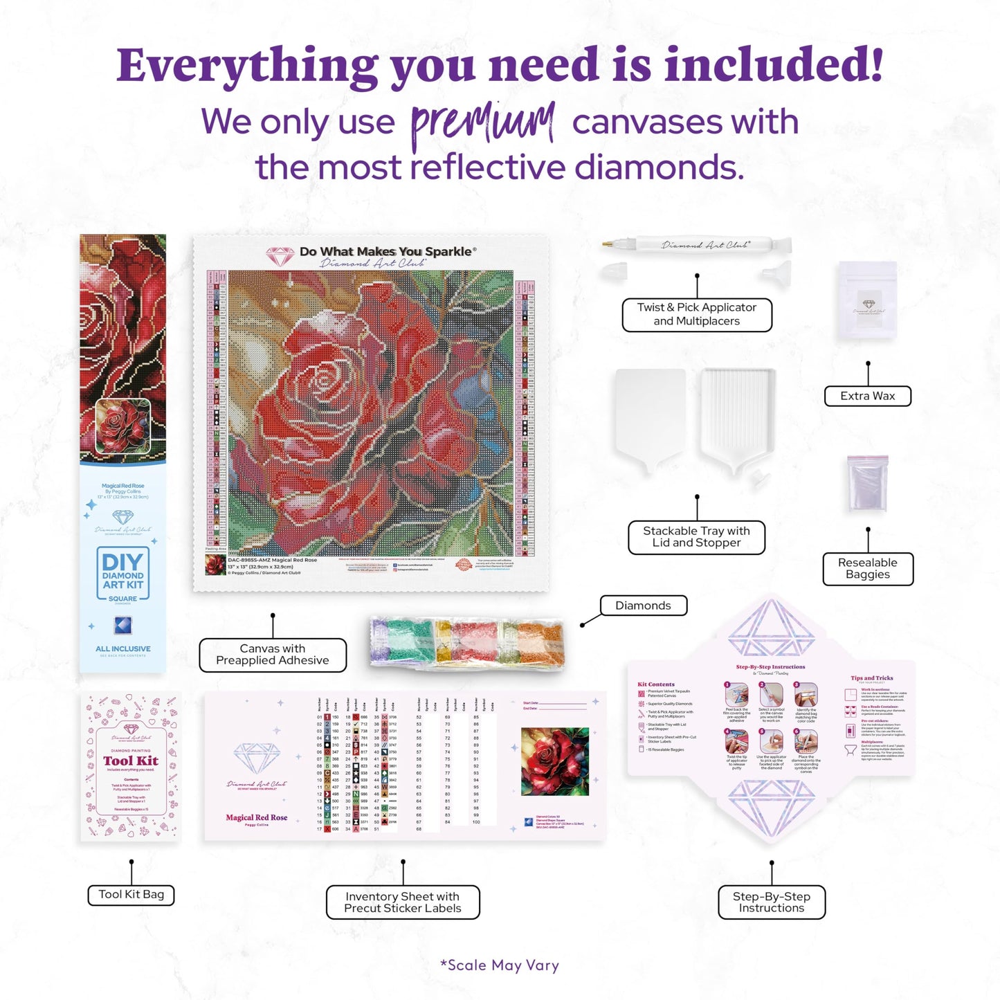 DIAMOND ART CLUB Magical Red Rose Diamond Painting Kit, Fun DIY Crafts for Adults, Square Diamond Art Canvas, 13" x 13" (32.9 cm x 32.9 cm)