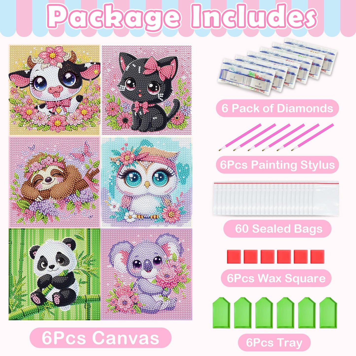 NANZHOO Diamond Art Kits for Kids, 6 Pack 5D Cartoon Diamond Painting Kits for Adults Beginner, Cute Animals DIY Big Gem Art Arts and Crafts for Kid Mosaic Kits for Gift Home Wall Decoration 6X6 inch