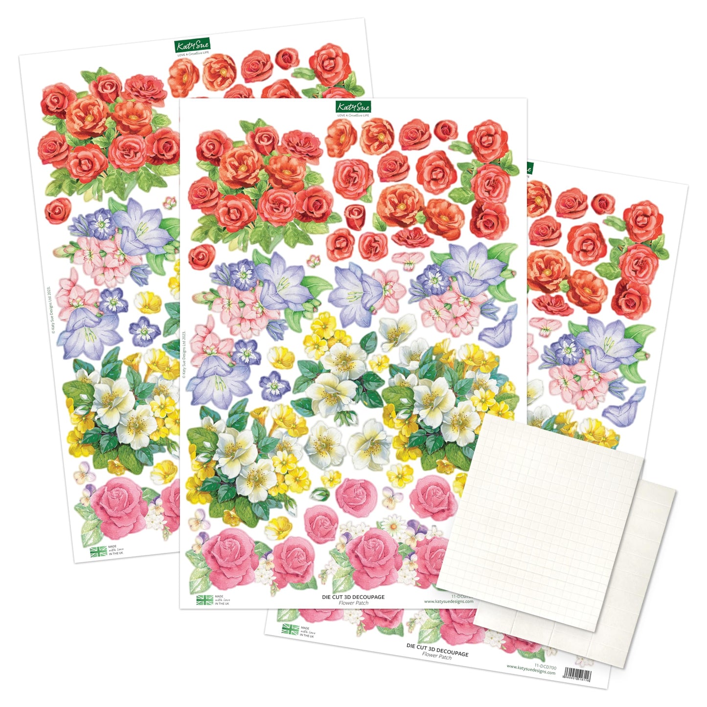 Katy Sue Flower Patch Pots Card Making Kit. 8 Cards, 8 Envelopes, 3 Sheets of Floral Die-Cut Decoupage, Adhesive Pads, & 2 Sheets of Birthday Sentiments Banners for Card Making Supplies