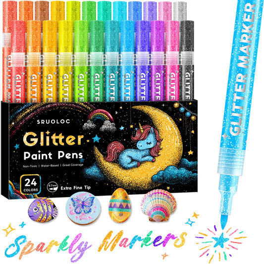 SRUOLOC Glitter Paint Pens, 24 Colors Glitter Markers Pens Set Acrylic Sparkle Markers Teen Art Supplies for Scrapbooking, Cards, DIY Crafts, Adults Coloring, Extra-Fine Tip 0.7mm