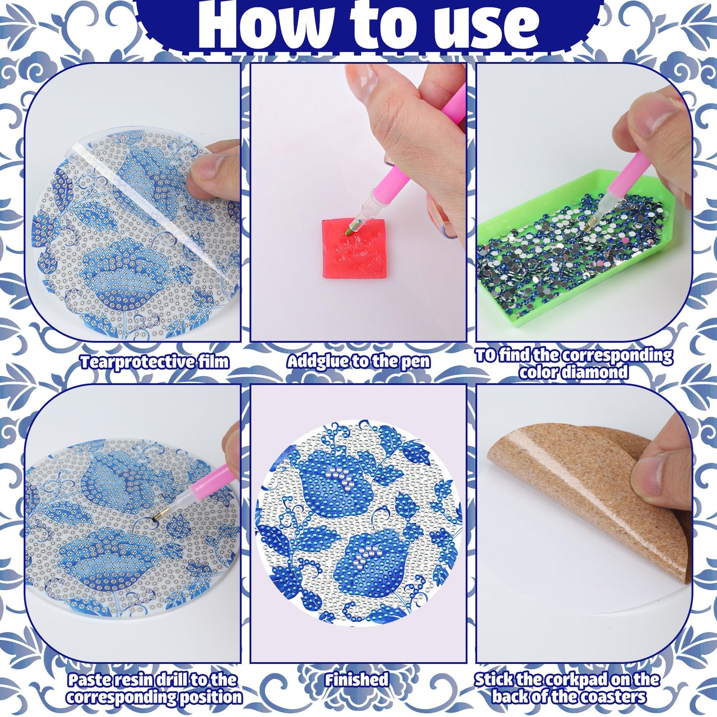 Diamond Art Coaster Blue Flower Diamond Painting Kits 5D DIY Acrylic Diamond Coasters with Cork Base and Holder for Adults DIY Craft, 8 PCS