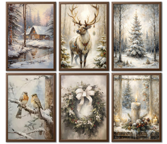 6PCS Winter Christmas Canvas Wall Art Vintage Reindeer Candle Wreath Poster Print Artwork Christmas Tree Snow House Painting Picture Wall Decor for Living Room Gallery Bedroom Home Decor Unframed.