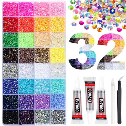 42000Pcs 32 Colors Resin Jelly Rhinestones for Bedazzling, 3mm Multicolor Flatback Gems for Crafting, Bedazzler Kit with 3Pcs B7000 Jewelry Glue for Clothes Crafts Shoes Decor Nail Art