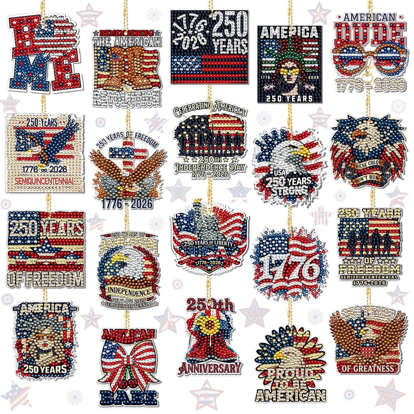 BBTO 20 Pcs Patriotic Diamond Art Keychains Patriotic 250th Anniversary Eagle Ornaments 4th of July Memorial Day Painting Keychains Red White Blue Independence Day Diamond Art Kits for Kids Adults