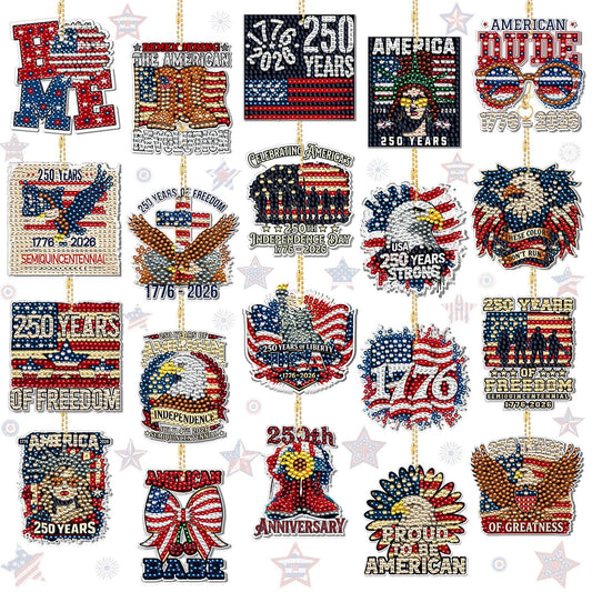 BBTO 20 Pcs Patriotic Diamond Art Keychains Patriotic 250th Anniversary Eagle Ornaments 4th of July Memorial Day Painting Keychains Red White Blue Independence Day Diamond Art Kits for Kids Adults