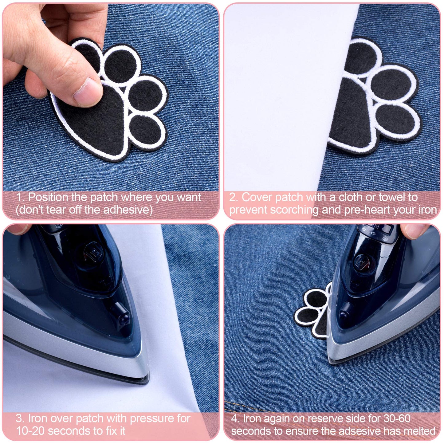 PAGOW 40Pcs Paw Print Patch for Jacket Clothing, Black-White Iron on paw Print Patches, DIY Embroidery Sticker Patches Sewing Craft Decoration