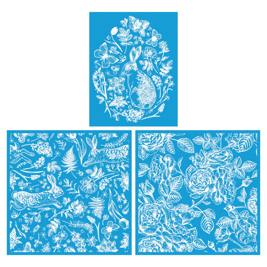 Shineone, 3Pcs, Rabbit, Flower, Silk Screen Stencils, Reusable Silk Screen Stencils, with Adhesive, for Home Decoration on Wood, Fabric, Glass, Plastic, Ceramics, Paper. 2pcs 12"x12"+1pc 8.5"x11"