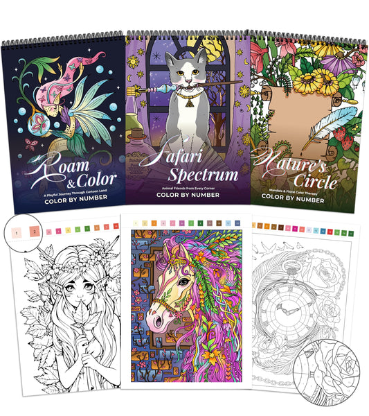 TOYSKY Coloring Books for Adults Relaxation Set of 3,Color by Number Adult Coloring Books Spiral Bound, Relieving with 60 Mandalas Animals Flowers and Cartoons,Gift for Women & Men