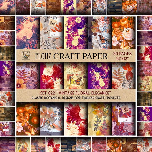 Scrapbook Paper (30 pages 12"x12") Vintage Floral Elegance: Classic Botanical Designs for Timeless Craft Projects FLONZ Vintage Styled Double Sided Paper Pad for Craft Cardmaking
