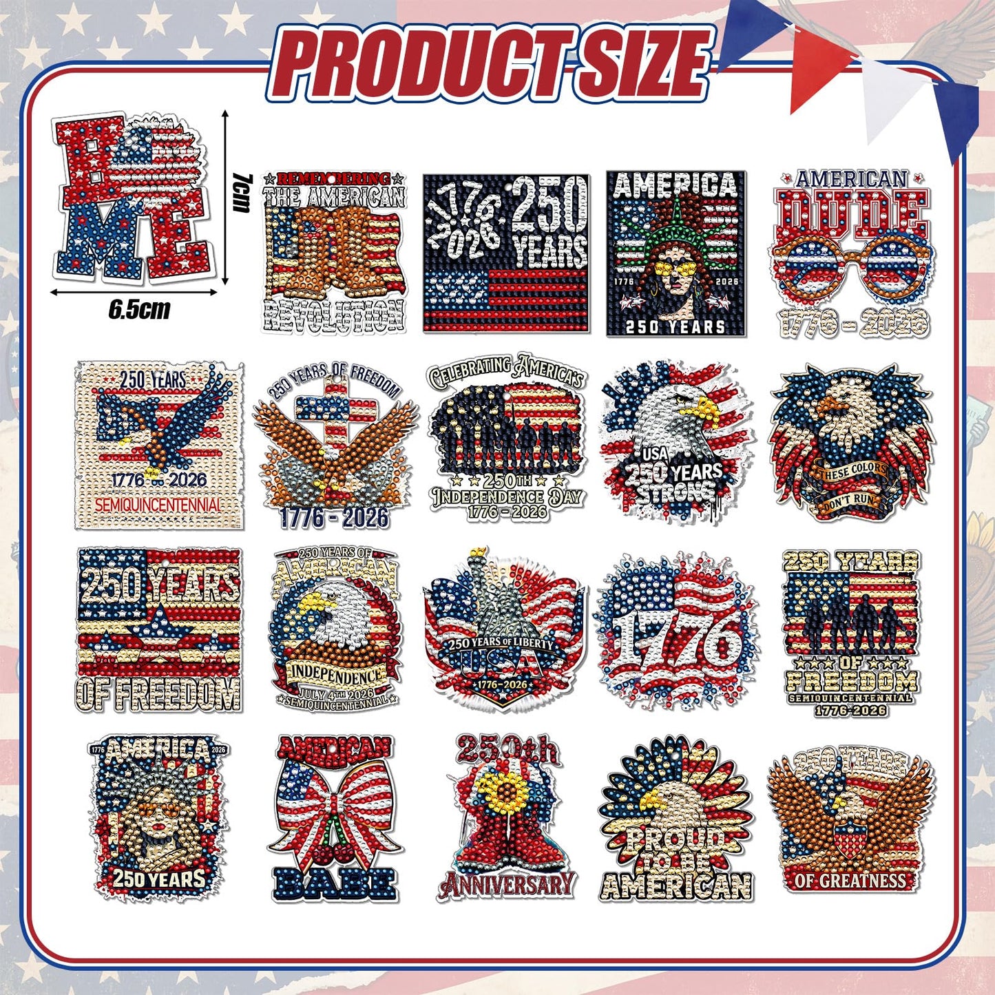 BBTO 20 Pcs Patriotic Diamond Art Keychains Patriotic 250th Anniversary Eagle Ornaments 4th of July Memorial Day Painting Keychains Red White Blue Independence Day Diamond Art Kits for Kids Adults