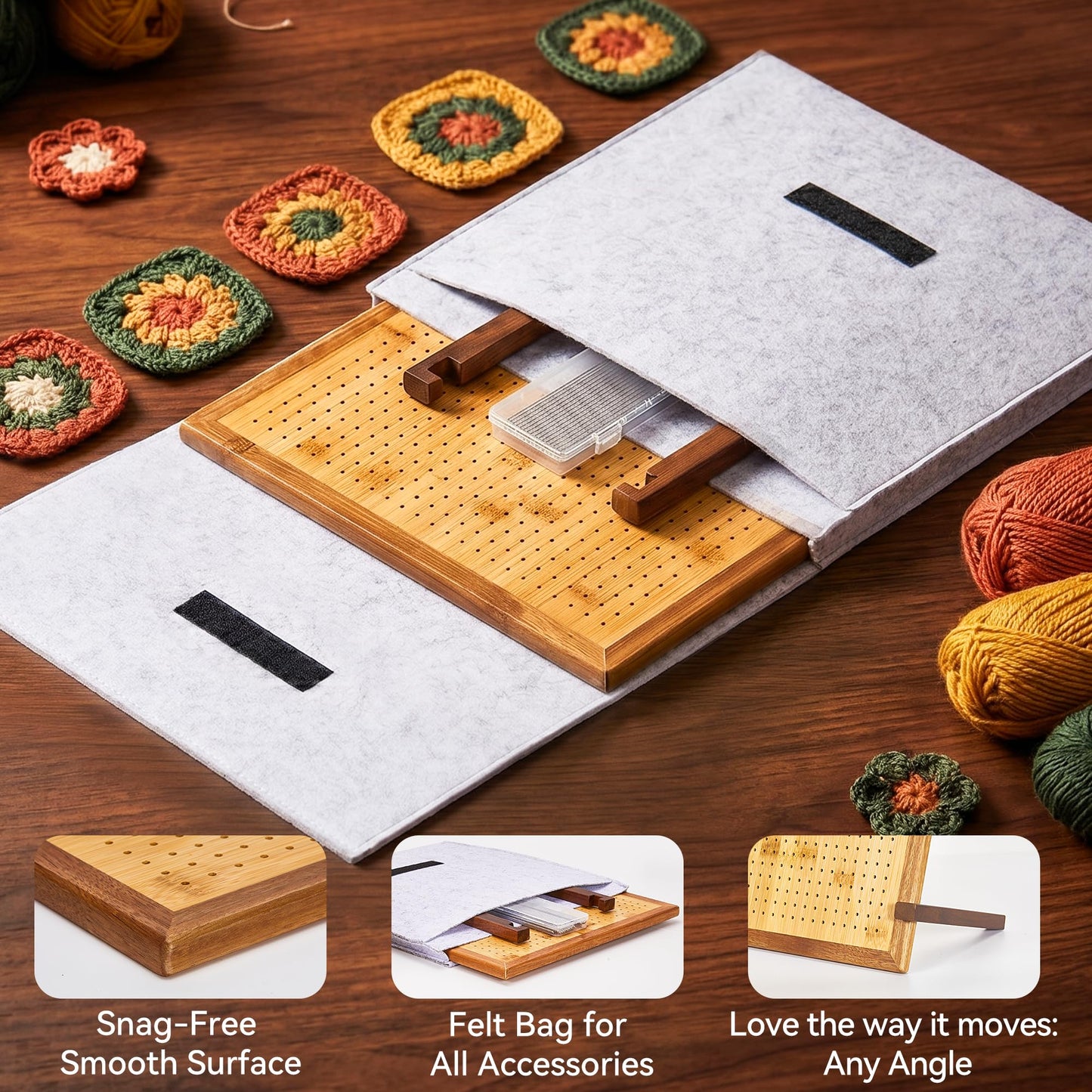 13" Crochet Blocking Board with 25 Pegs(Pins) & Felt Bag, Granny Square Blocking Board for Crochet Projects, Adjustable Bamboo Wood Board for Crocheting & Knitting, Gift for Crocheter
