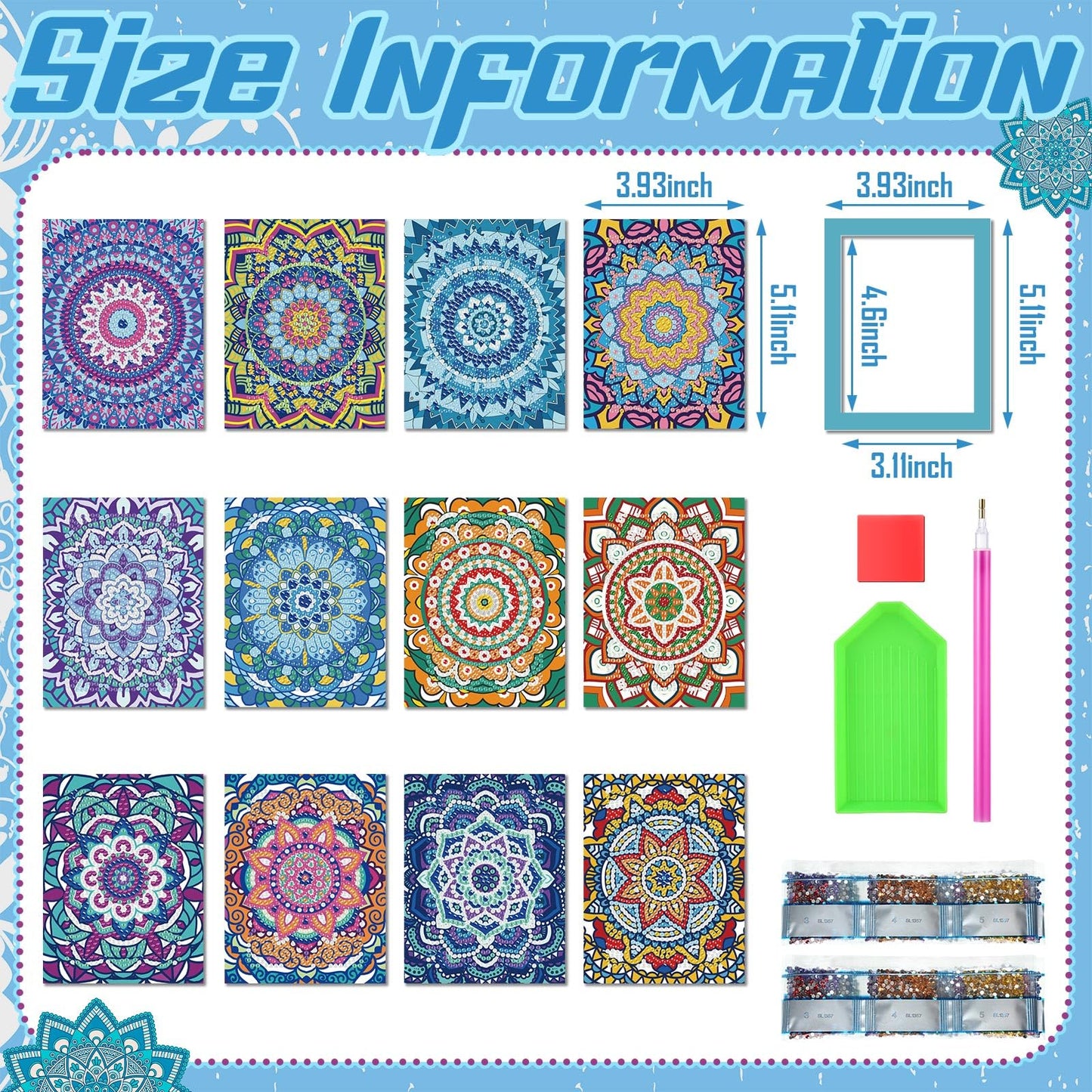 Saillong 24 Pcs Small Diamond Painting Kits Set Mini Diamond Art Set for Beginners, Full Paint Art 1-Hour Painting for Home Decor Desktop, 5.12x3.94 Inches(Mandala)