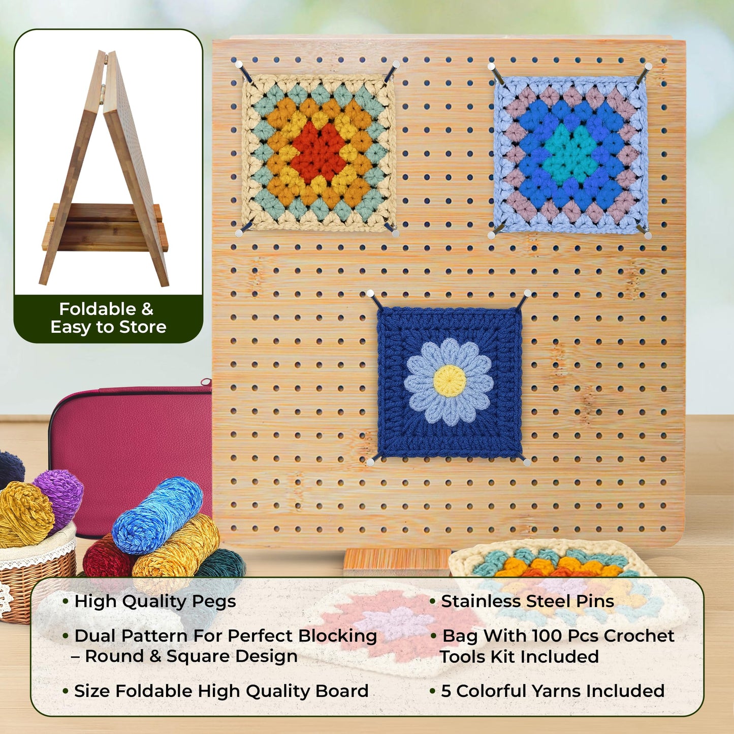 FRAVI Foldable Bamboo Crochet Blocking Board Kit – Dual-Sided Square & Circular Grid 22 × 11 in, 40 Pins + 100 Tools + 5 Yarn Skeins – All-in-One Crochet & Knitting Kit for Beginners & Crafters