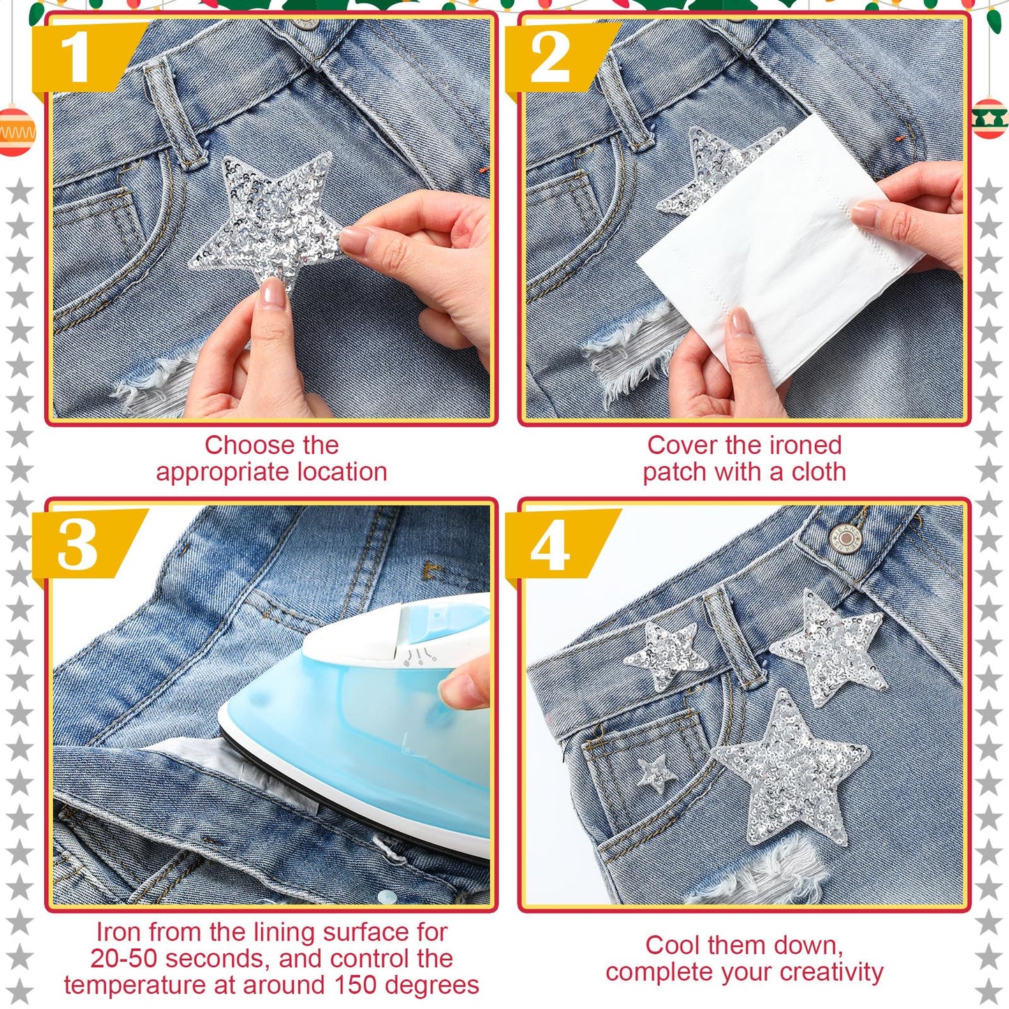 Giegxin 48 Pcs Star Sequin Patches in 4 Sizes Iron on Shiny Patches Embroidered Decorative Appliques for Hats Bags Jackets Jeans Backpacks Costume Clothing Accessory(Silver)