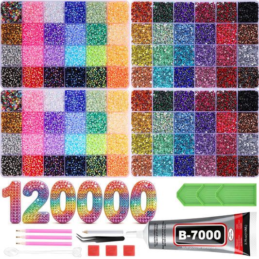 XSEINO 120000Pcs Resin Jelly Rhinestones for Bedazzling, 48 Colors 3mm Flatback Gems with 110ml B7000 Jewelry Glue & Tools, for Bedazzle Decorations, Diamond Art, Nail Art, Shoes Craft Decor