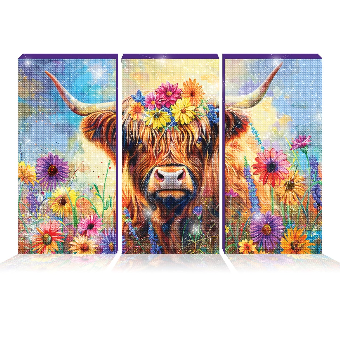 ArtSkills Diamond Painting Kit, Diamond Art Ready to Hang Framed Canvas with Storage and Accessory Kit, Highland Cow, 3 Stretched Canvas Panels, 14” x 7” Each