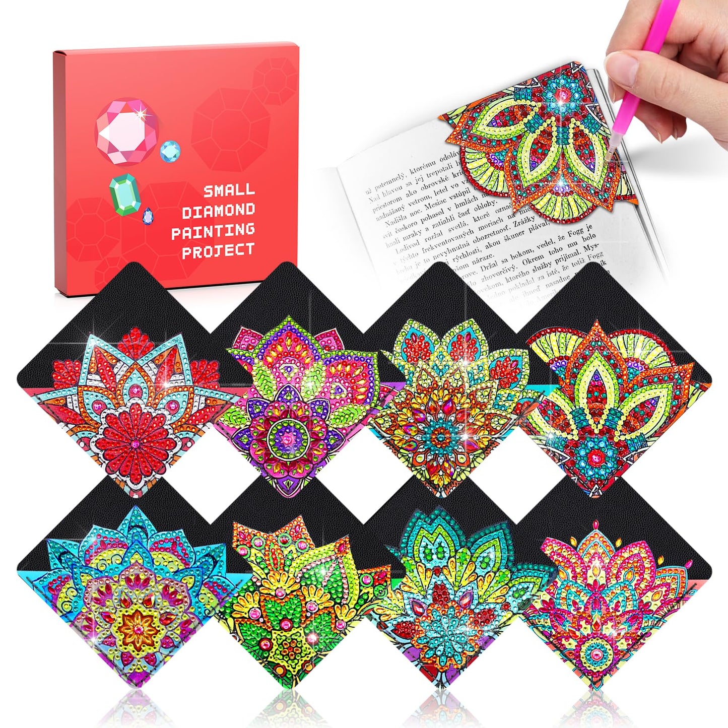8 PC Diamond Art Corner Bookmarks Leather Bookmark Kit for Adults Paint by Dots Bookmarkers Craft DIY Gem Small Dotz Mother’s Day Gifts for Mom, Christmas Gifts for Women, Mandala Flower Black Lotus