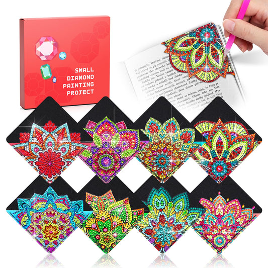 8 PC Diamond Art Corner Bookmarks Leather Bookmark Kit for Adults Paint by Dots Bookmarkers Craft DIY Gem Small Dotz Mother’s Day Gifts for Mom, Christmas Gifts for Women, Mandala Flower Black Lotus