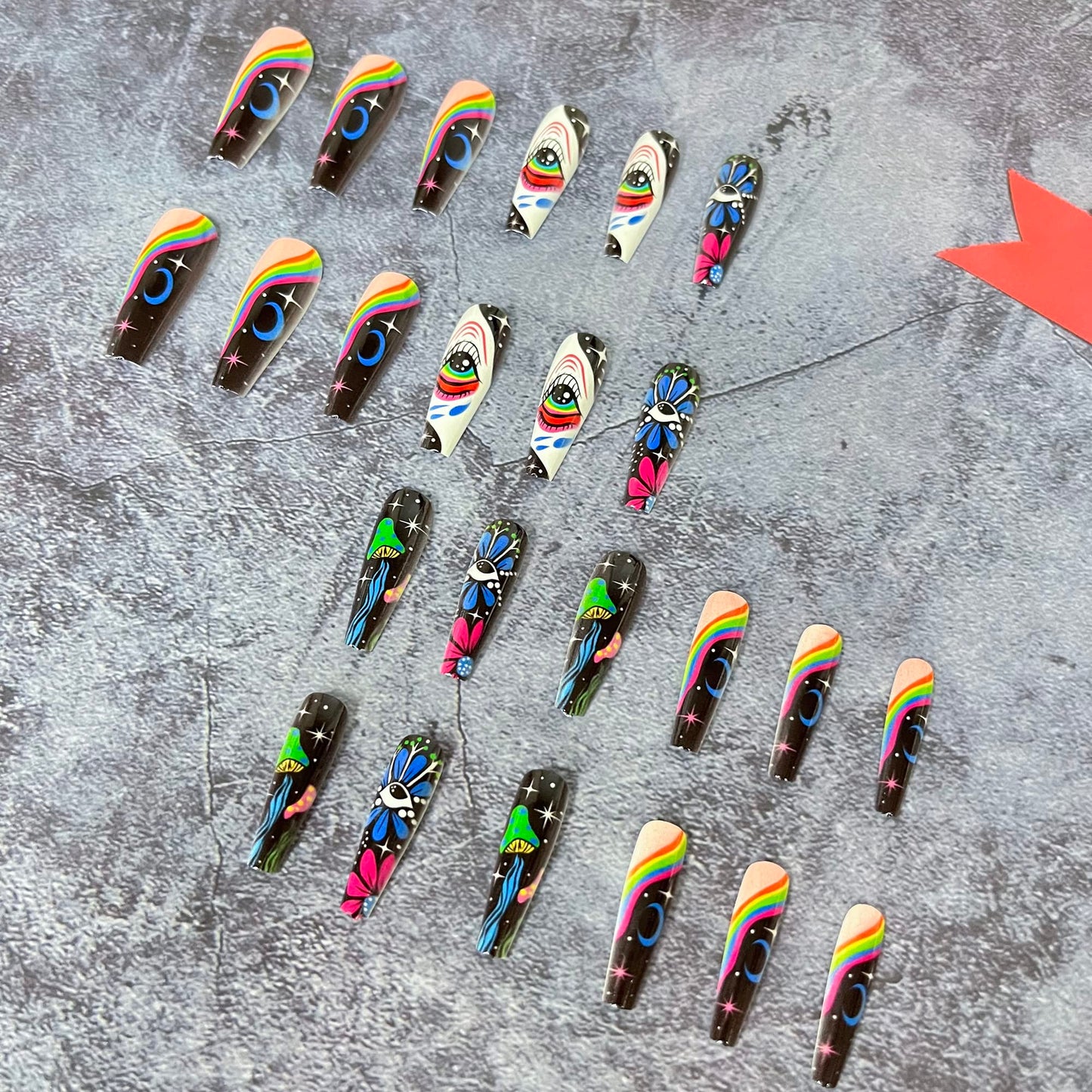 Long Press on Nails Coffin Fake Graffiti Flower Full Cover Glue Eye Stars Moon Acrylic with Rainbow Designs Nail Art Decorations for Women Girls