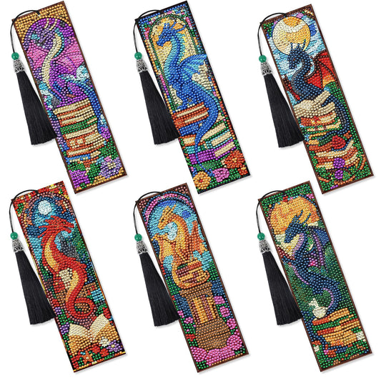 Dragon Diamond Art Bookmarks Kit - 6 Pcs Stained Glass Window Dragon Bookstacks Diamond Painting Bookmarks for Adults, Gem Art DIY Crafts Kit for Beginners Book Lover Gifts