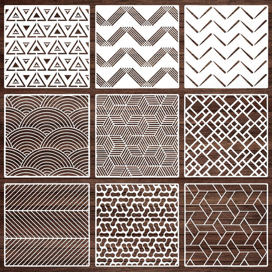 9 Pieces Tile Stencil Set Geometric Wall Stencil Modern Wall Stencil Modern Geometric Tile Template Reusable Wall Template Plastic Drawing Stencils for Ceramic Tile Wood Wall Home Decor (12 x 12 Inch)