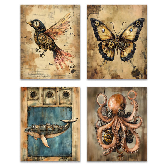 ZNGFON Vintage Steampunk Wall Art Set of 4, Victorian Steampunk Wall Decor for Home Office Room