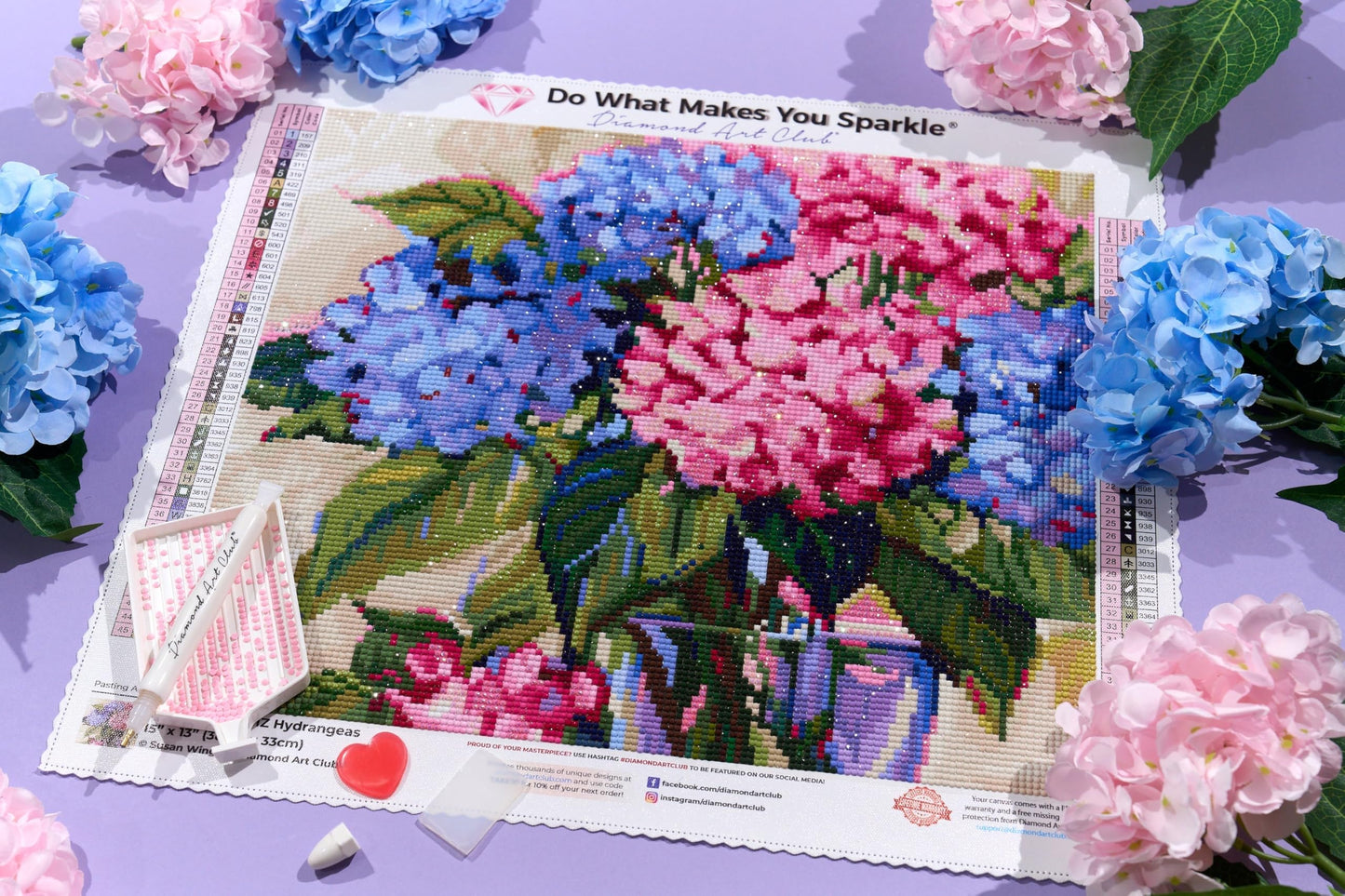 DIAMOND ART CLUB Hydrangeas Diamond Painting Kit, Fun DIY Crafts for Adults, Round Diamond Art Canvas, 15" x 13" (38 cm x 33 cm)