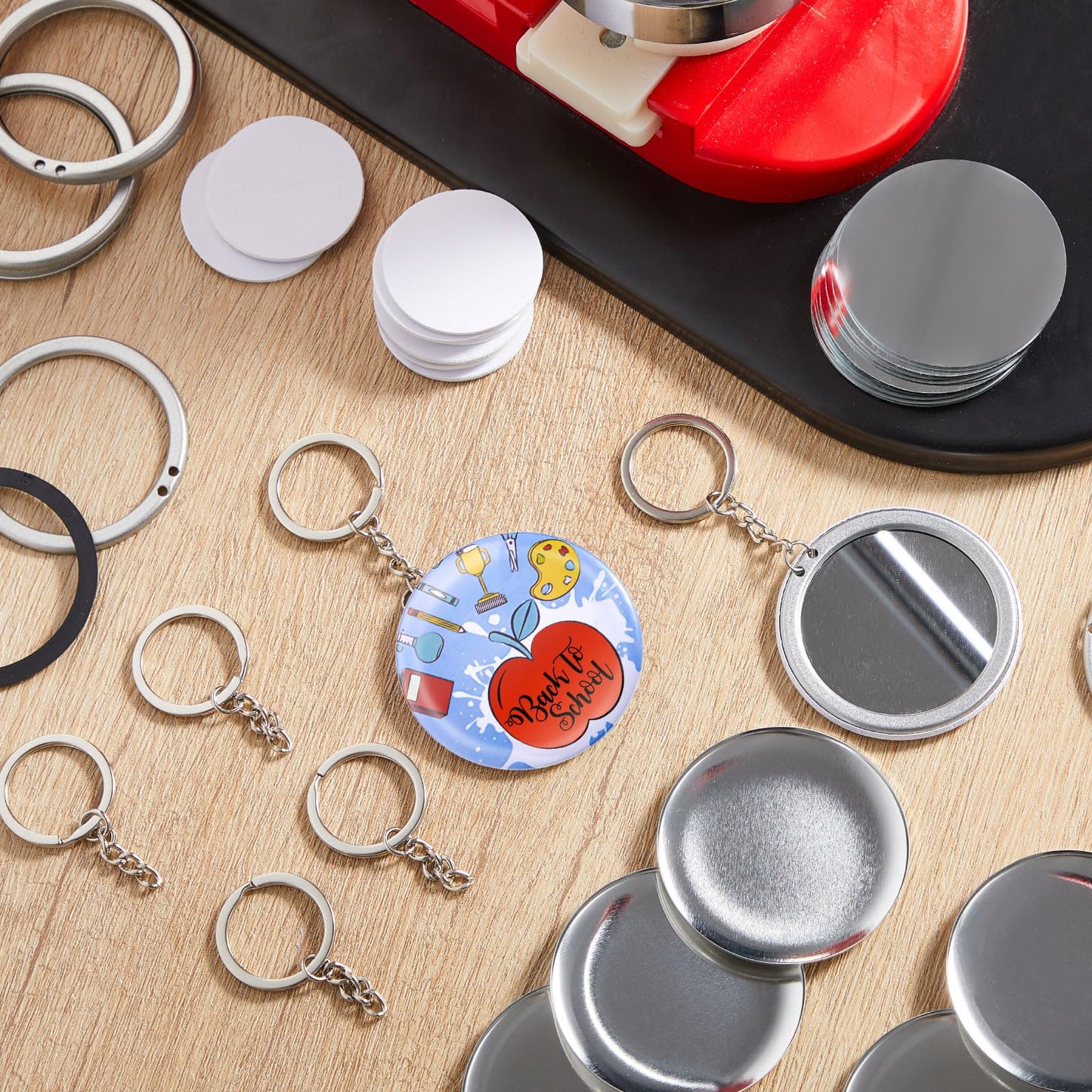 Tondiamo 100 Sets 58 mm/ 2.25 Inch Button Maker Keychains Supplies Metal Button Badge Sets Including Metal Shell, Plastic Film, Backing Parts, Keychain for Maker Machine DIY Gifts (Mirror)